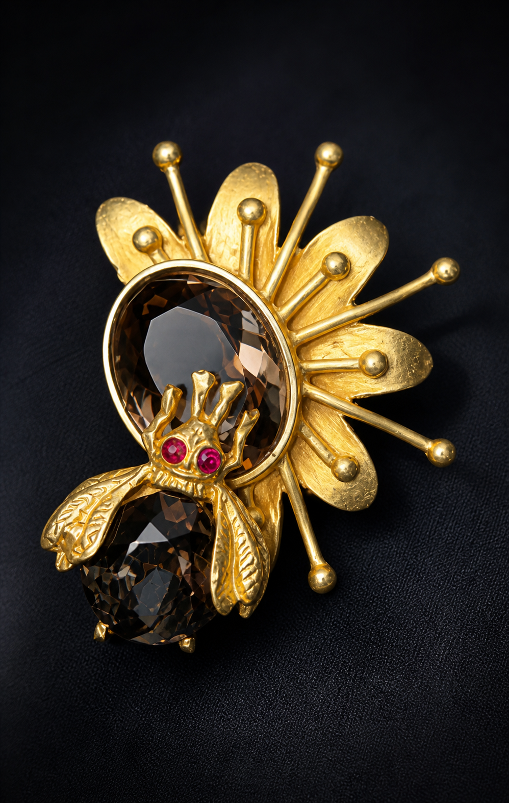 Golden Bee Radiance Earrings with Smoky Quartz & Ruby Accents