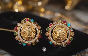 Regal Navratna Lion Crest Stud Earring