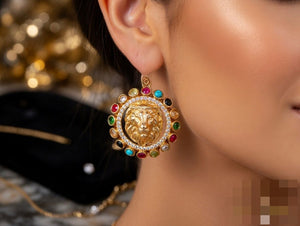 Regal Navratna Lion Crest Stud Earring