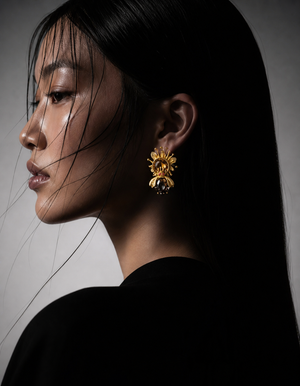 Golden Bee Radiance Earrings with Smoky Quartz & Ruby Accents