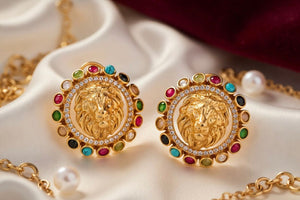 Regal Navratna Lion Crest Stud Earring
