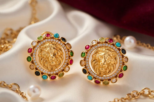 Regal Navratna Lion Crest Stud Earring